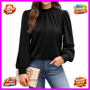 Long Sleeve Mock Neck Blouse with Pleated Front, Regular Fit, Polyester Spandex